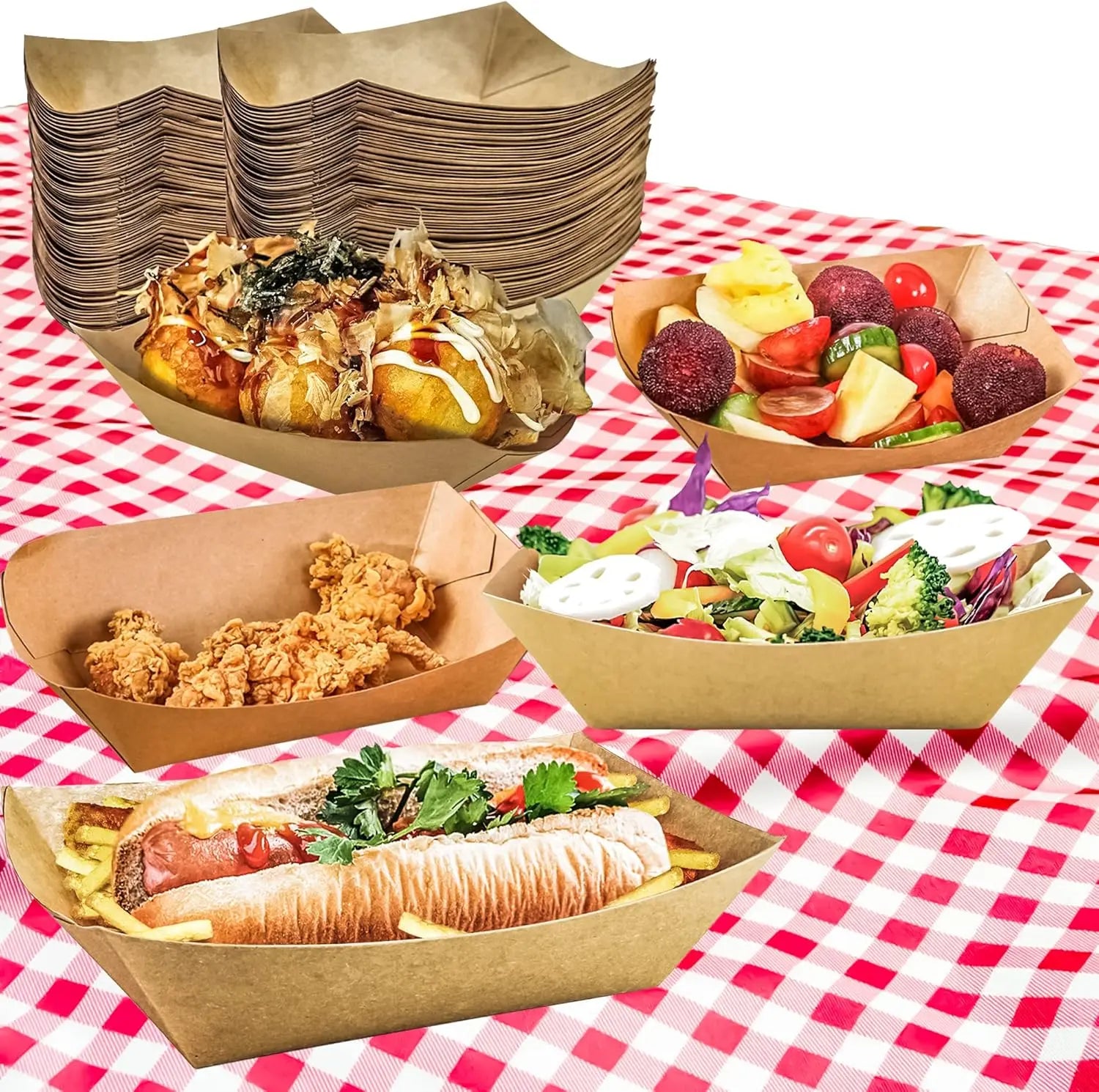 Brown 100 Pack 2Lb Paper Food Trays, Heavy-Duty Paper Food Boat Disposable Serving Basket Tray for French Fries Nachos Snack Hot Dog Taco BBQ Popcorn Party Picnic Wedding Party