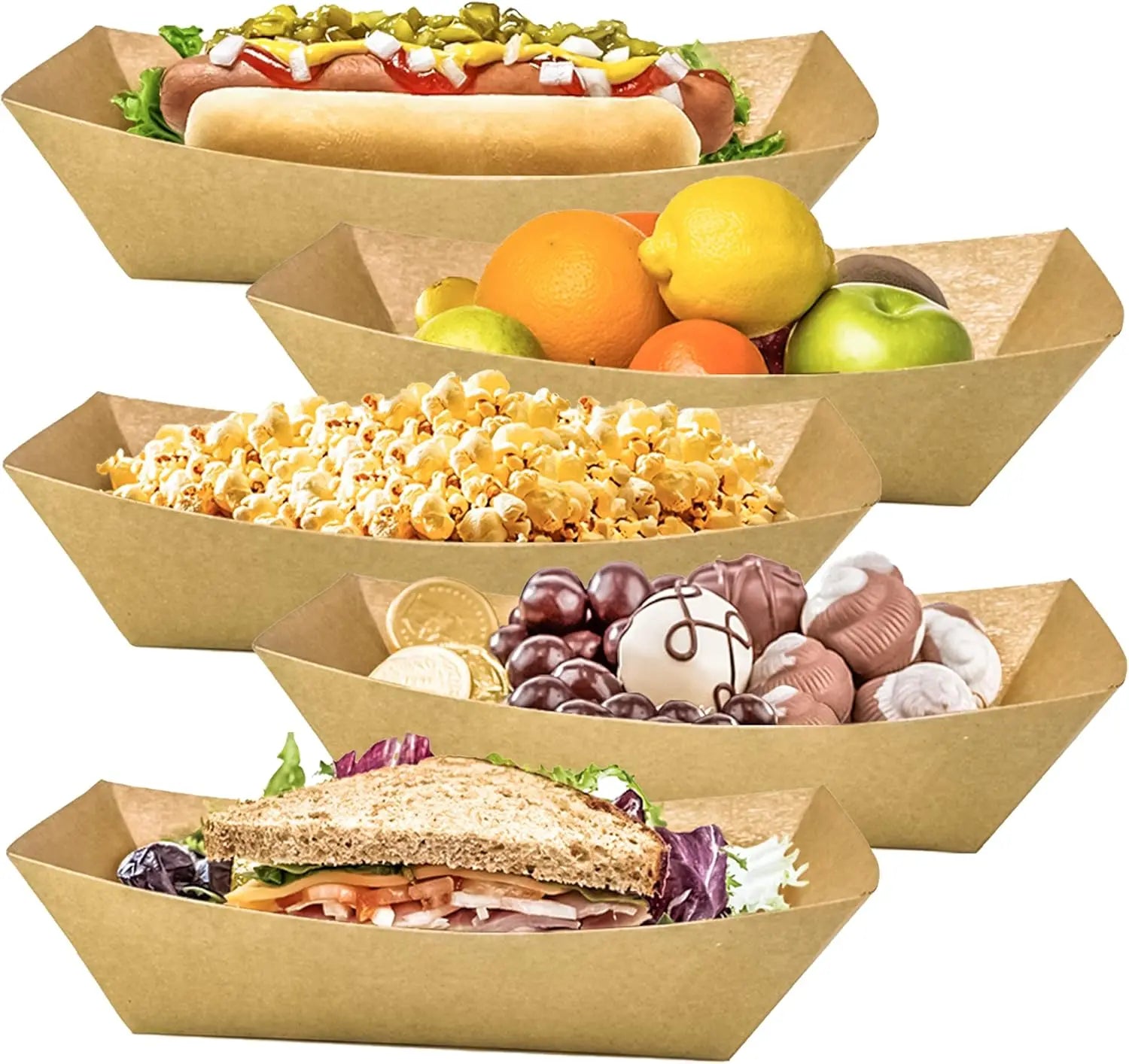 Brown 100 Pack 2Lb Paper Food Trays, Heavy-Duty Paper Food Boat Disposable Serving Basket Tray for French Fries Nachos Snack Hot Dog Taco BBQ Popcorn Party Picnic Wedding Party