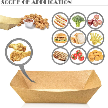 Brown 100 Pack 2Lb Paper Food Trays, Heavy-Duty Paper Food Boat Disposable Serving Basket Tray for French Fries Nachos Snack Hot Dog Taco BBQ Popcorn Party Picnic Wedding Party