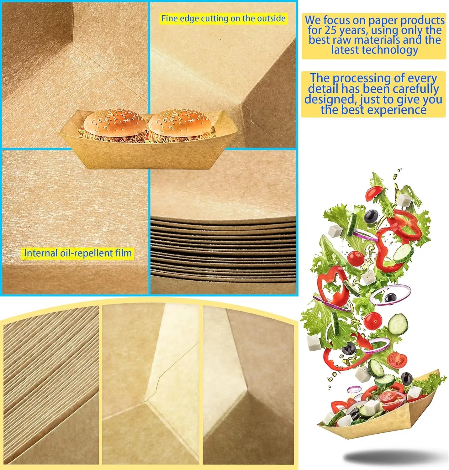 Brown 100 Pack 2Lb Paper Food Trays, Heavy-Duty Paper Food Boat Disposable Serving Basket Tray for French Fries Nachos Snack Hot Dog Taco BBQ Popcorn Party Picnic Wedding Party